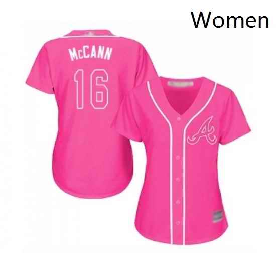Womens Atlanta Braves 16 Brian McCann Replica Pink Fashion Cool Base Baseball Jersey